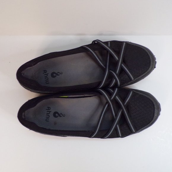 Ahnu Shoes - Ahnu Women's Black and Grey Hiking Slip-On Strappy Comfort Ballet Flat Shoe. EUC